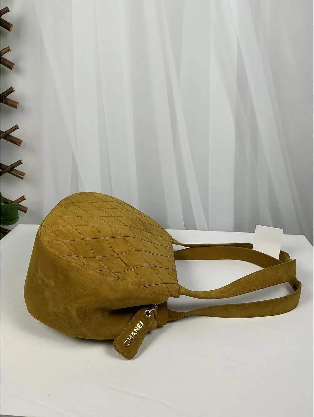 Chanel Mustard Yellow Quilted Suede Shoulder Bag Hobo Style 1999